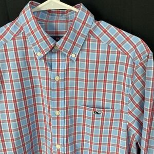 Vineyard Vines Shirt Mens Small Blue Pink Plaid Whale Logo Button Down.
